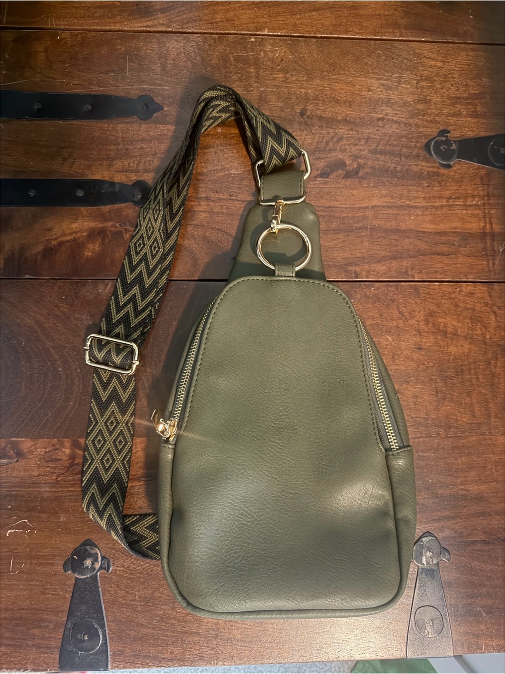 Moda Luxe Olive Green Crossbody Sling with Patterned Strap